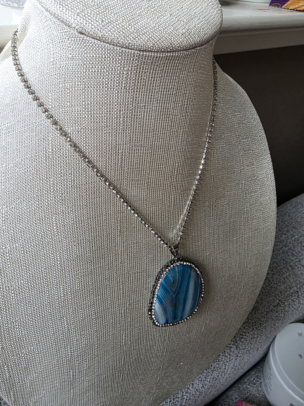Large Blue Agate Slice Pendant Necklace, 17-19" Silver Boho Jewelry - Picture 10 of 11